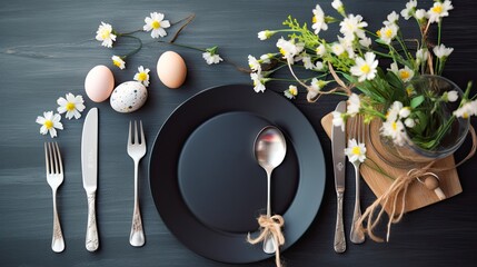 Top view of decorative plate with painted eggs and seasonal table decor
