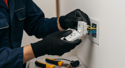 Electrician Installing Power Socket on White Wall - Electrical repair, home improvement, maintenance, power installation, safety