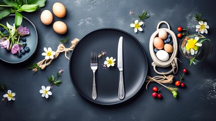 Top view of decorative plate with painted eggs and seasonal table decor