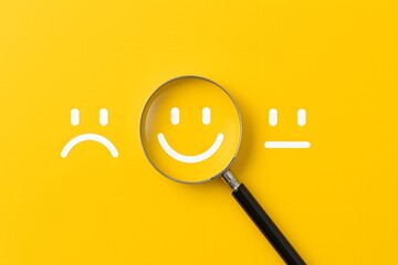 Customer satisfaction feedback survey concept to gain insights and enhance services. Magnifying glass highlighting smiley face among various emoticons on yellow background.