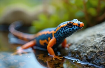 Obraz premium Alpine newt closeup. Aquatic amphibian sits rock edge in freshwater habitat. Orange legs, black blue patterned skin, orange stripe. Focus on eye. Macro photo captures nature wildlife beauty.