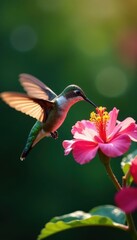 Naklejka premium Hummingbird feeding, wings blur, intense focus on flower , motion blur, wings