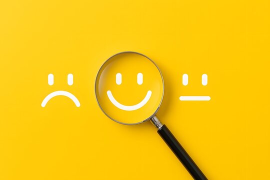 Customer satisfaction feedback survey concept to gain insights and enhance services. Magnifying glass highlighting smiley face among various emoticons on yellow background.