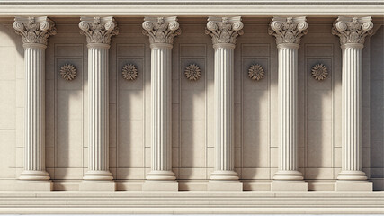 Digitally created classical building facade with six light beige Corinthian columns supporting an entablature