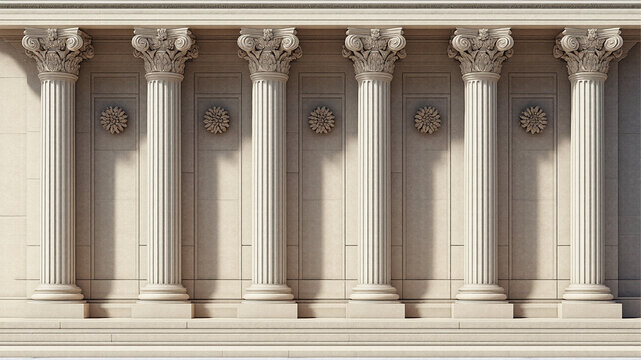 Digitally created classical building facade with six light beige Corinthian columns supporting an entablature