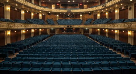 Fototapeta premium Empty Theater Auditorium Seats - Rows of empty blue theater seats in a grand auditorium, ready for a performance