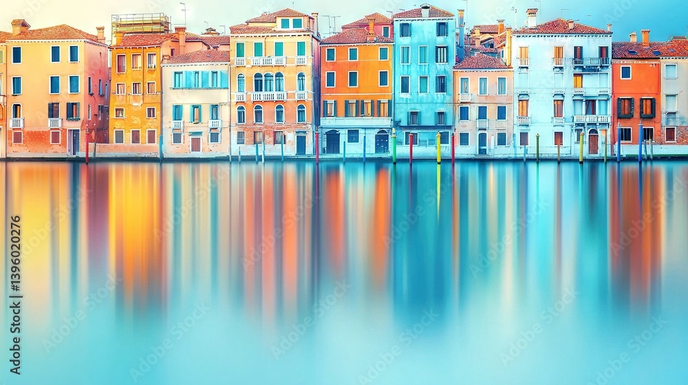 Poster a collection of structures positioned beside one another over a water expanse, framed by a azure hea