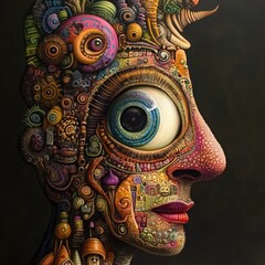 Surreal portrait of a person with intricate mechanical features and vibrant colors, set against a dark background
