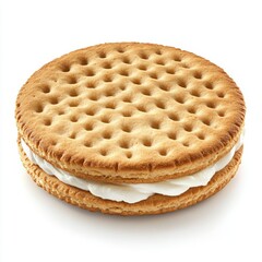 A single round cream filled cookie with a pattern of holes isolated on white background