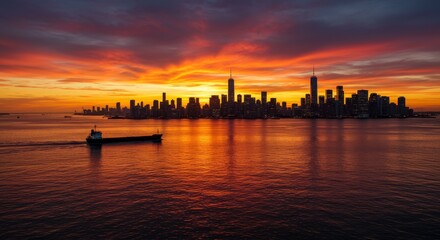 Fiery Sunset Over Cityscape and Cargo Ship - A cargo ship sails across calm waters at sunset, silhouetted against a vibrant cityscape. The fiery sky, tranquil water, distant buildings