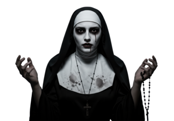 Isolated Demonic Nun Holding Rosary Beads Terrifying