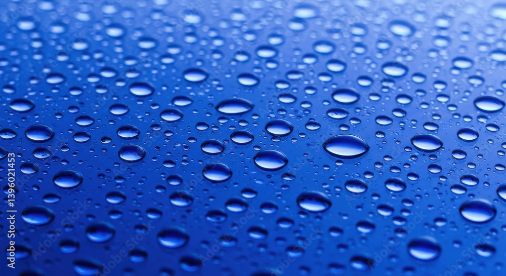 Poster a close up shot of many water droplets on a blue surface creating a textured background effect