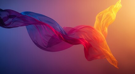 Fototapeta premium Flowing Fabric in Vivid Hues - Abstract of colorful fabric flowing gracefully, showcasing vibrant red, purple, and orange tones against a soft gradient background