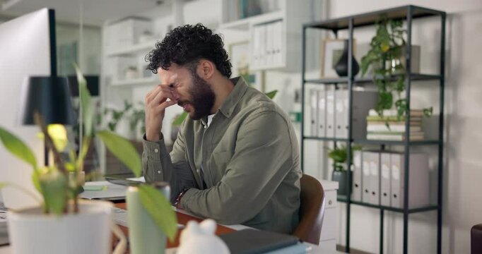 Tired, headache and computer with business man in office for overtime, burnout and stress. Inflammation, fatigue and pressure with frustrated person in agency for mental health, migraine and risk