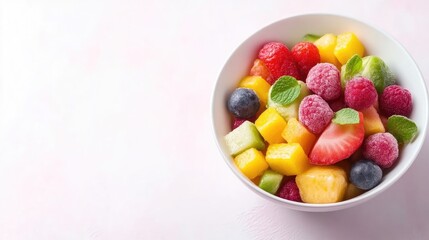 A colorful assortment of fresh mixed fruits in a white bowl, vibrant berries and tropical pieces, close-up shot on a soft pastel background, and healthy eating concept.