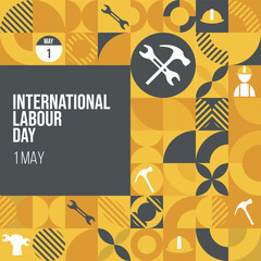 International Labour Day pattern Design. 1 May International Labor Day vector design with a hammer tools and safety helmet in yellow color background. 1st of May. Vector Illustration.