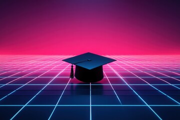 A graduation cap on a neon grid with a pink and purple background creating a futuristic academic scene