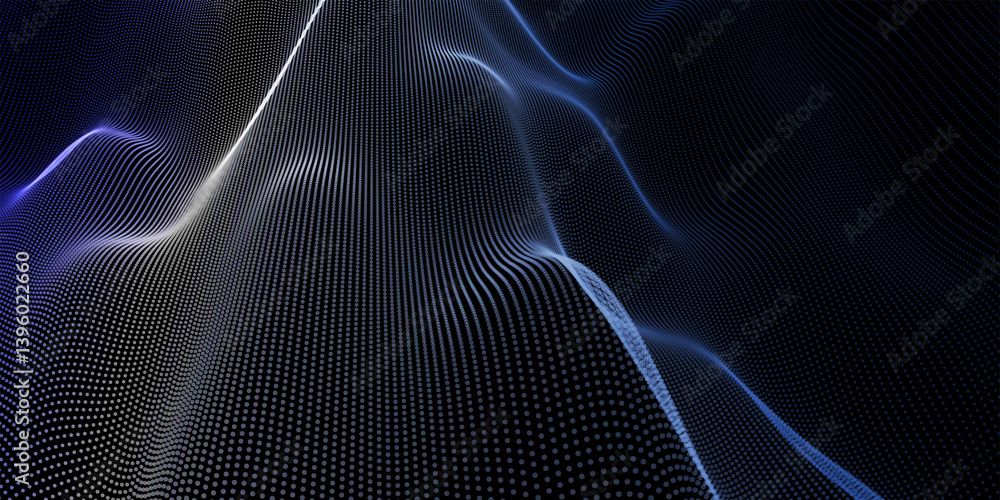 Poster futuristic dot wave. abstract digital particle wave. black and white music wave. dark background. di