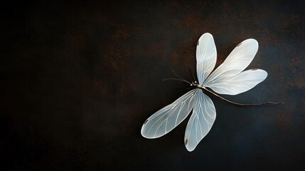 Close-up of a white dragonfly with wings spread on a black background