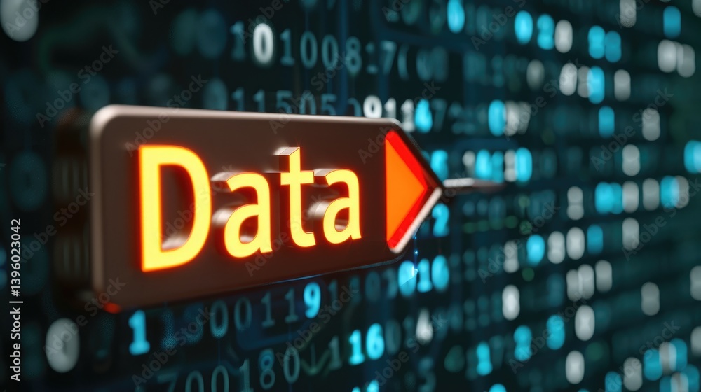 Poster digital data stream illuminated arrow points to essential information