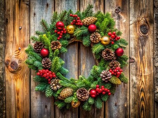Macro Christmas Wreath on Rustic Door - Festive Holiday Decoration