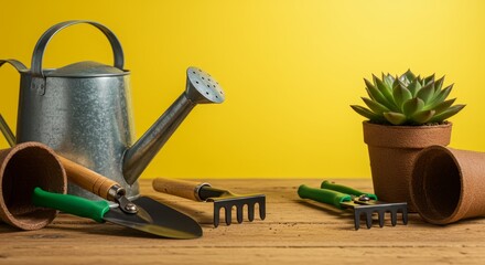 Gardening Tools and Succulent Plant - Close-up of gardening tools, a watering can, and a succulent plant in a terracotta pot, arranged on a rustic wooden surface against a vibrant yellow background