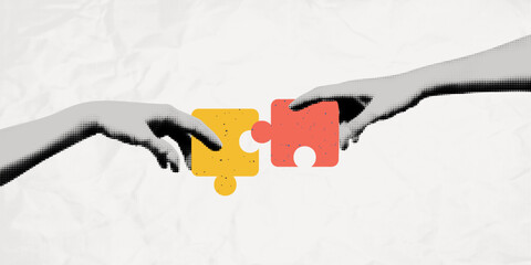 Trendy halftone collage of business concept. Teamwork, partnership and collaboration, problem solution and success. Human hands connecting jigsaw puzzle together. Modern retro vector illustration