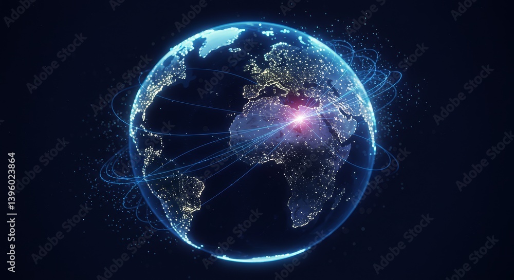 Poster global connectivity: a networked world - global network, interconnection, worldwide unity, data stre