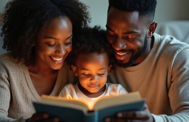 Black family reads bible together at home. Smiling parents, child read book at night. Christian faith, family values, hope, love, care, togetherness. Religious concept.