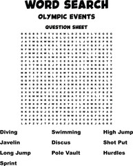 Olympic Events Word Search Puzzle Diving, Swimming, Track and Field