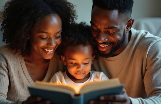 Black family reads bible together at home. Smiling parents, child read book at night. Christian faith, family values, hope, love, care, togetherness. Religious concept. - Powered by Adobe
