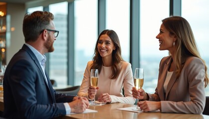 Business partners enjoy champagne cocktails after successful conference. Happy colleagues celebrate deal, share success at luxury hotel bar, toast. Teamwork, achievement, corporate event after work.