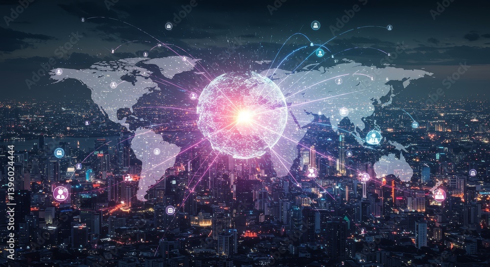 Poster global network connectivity - illuminated cityscape at night with a glowing globe and interconnected