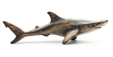 Fototapeta premium A beautifully crafted wooden shark sculpture showcasing intricate details and natural wood grain