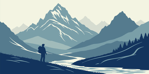 Digital Illustration Art Sunset landscape vector Mountain peak view graphics drawing Flat 2d vector