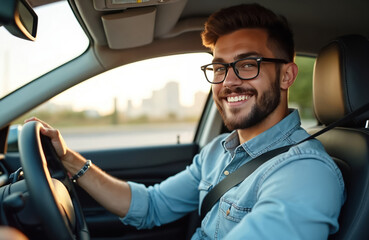 Handsome man smiles driving car with seatbelt. Happy male driver, wearing glasses, enjoys journey, city view through window. Safe drive, transportation, travel, road trip, fun.