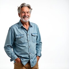 Happy senior man with grizzled hair poses with hands in pockets. Smiling old caucasian guy in blue shirt and brown trousers on white background. Handsome elderly male model portrait.