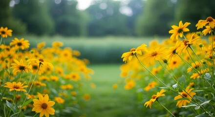 Obraz premium Golden Meadow in Bloom - Vibrant yellow wildflowers in a lush green meadow, creating a serene and beautiful natural scene