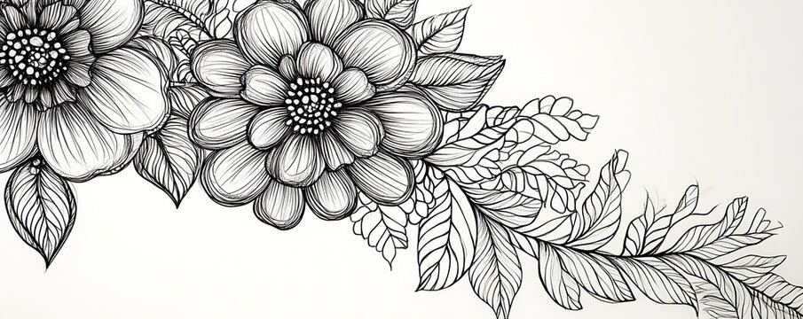 Elegant Hand-Drawn Zentangle Flower: Admire the elegance this hand-drawn lace design, a black and white floral illustration that adds a touch sophistication to any artistic endeavor.