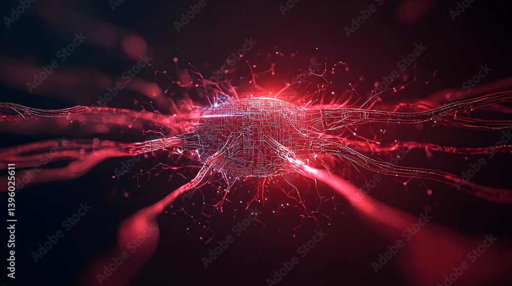 Poster abstract digital design with red particles on dark background