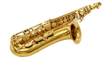 Fototapeta premium Golden Tenor Saxophone Isolated on White - Elegant golden tenor saxophone, musical instrument, jazz, melody, performance. Symbolizes musical expression, artistry, rhythm, and passion