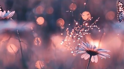   A close-up of a flower with a clear image of a butterfly on top and a blurry background of another butterfly