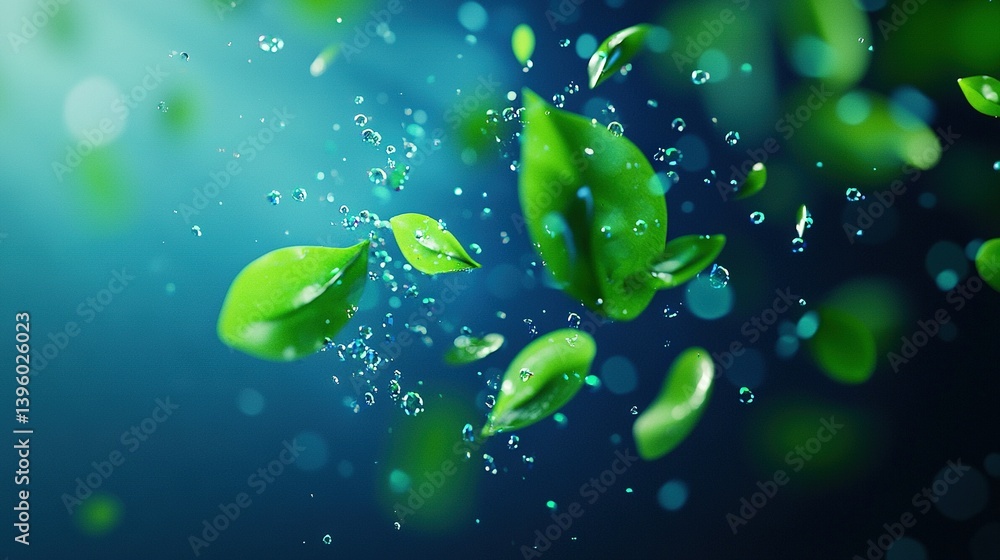 Wall mural a cluster of emerald foliage bobbing atop azure aqua with droplets splashing