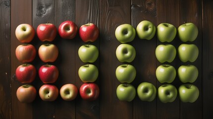 Symmetrical Red and Green Apples on Dark Wooden Surface