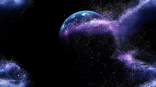   A photo of a cosmic landscape featuring a prominent celestial body in the foreground and scattered stellar bodies in the backdrop