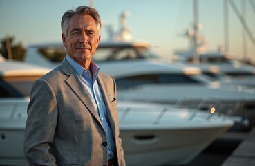 Distinguished man in suit stands near yachts. Reflects luxury lifestyle, confidence. Represents success, wealth, entrepreneurship. Fashion, style, sophistication at marina harbor.