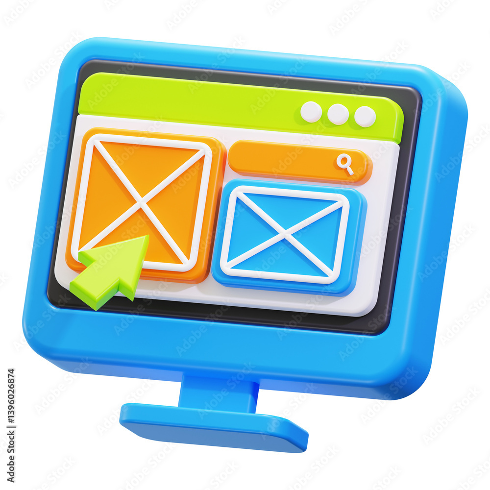 Poster web layout design featuring a blue 3d computer screen icon. perfect for websites, tech related desig