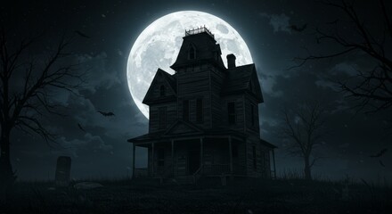 Haunted Victorian House Under Full Moon - A spooky Victorian house stands silhouetted against a bright full moon at night, with bare trees and a gravestone adding to the eerie atmosphere