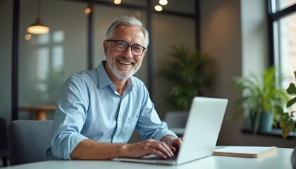 Fototapeta premium Smiling senior business executive works on laptop in modern office. Happy mature businessman manager uses computer, looking at camera. Older professional person wearing glasses, blue shirt,