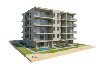 Isolated Modern Apartment Building with Pool and Garden on Beach